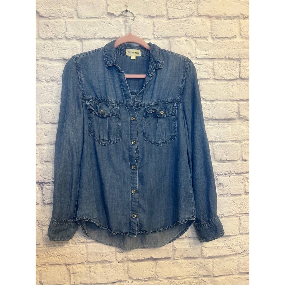 Anthropologie Cloth & Stone Denim Chambray Button Up Shirt Blue Long Sleeve Sz S